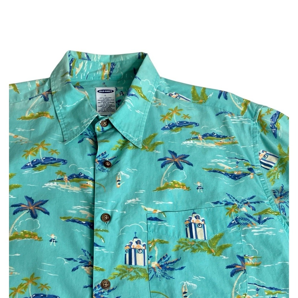 Vintage Y2K Old Navy Hawaiian Shirt Mens L Angel Fish Palm All Over Print‎ 2001